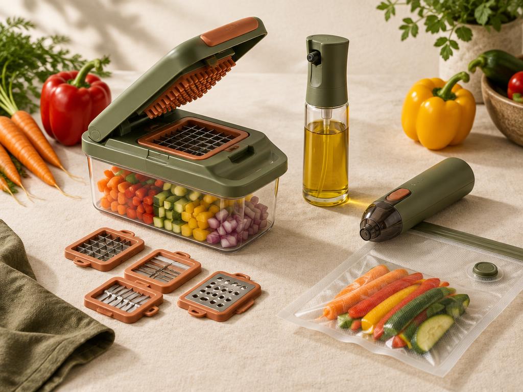 Meal prep set: vegetable chopper, oil sprayer and vacuum sealer on a counter