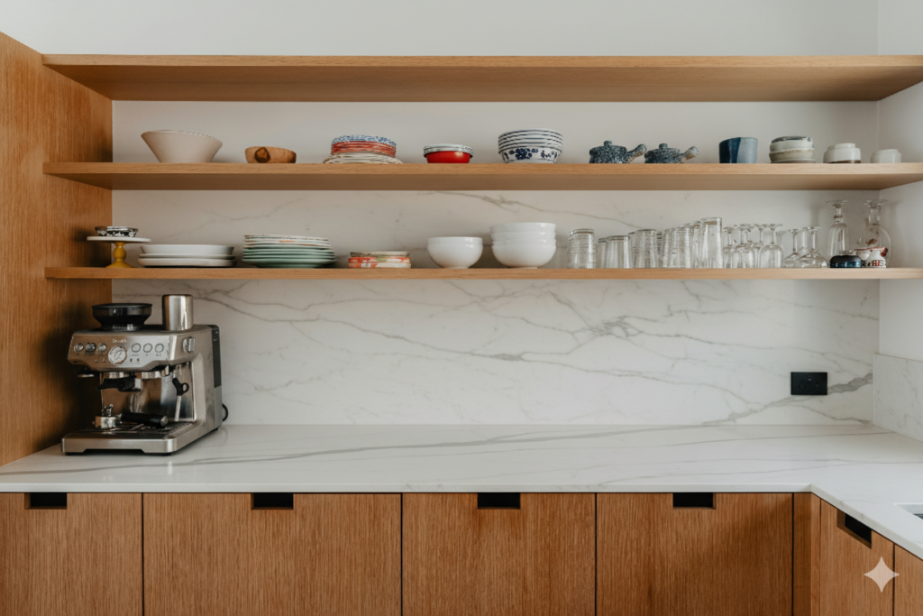 Organized kitchen shelves with dishes and glassware